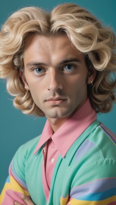 solo,looking at viewer,blue eyes,blonde hair,simple background,shirt,1boy,jewelry,closed mouth,upper body,male focus,earrings,collared shirt,signature,lips,buttons,facial hair,blue background,crossed arms,beard,freckles,curly hair,pink shirt,realistic,nose,stud earrings,aqua background,jacket,artist name,green shirt