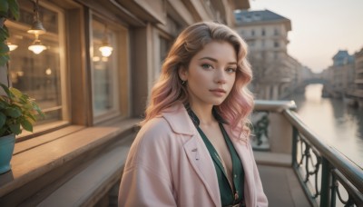 1girl,solo,long hair,breasts,looking at viewer,blue eyes,blonde hair,brown hair,shirt,cleavage,jewelry,closed mouth,upper body,multicolored hair,earrings,small breasts,outdoors,open clothes,day,indoors,necklace,blurry,lips,coat,grey eyes,window,depth of field,blurry background,wavy hair,plant,building,realistic,nose,green shirt,labcoat,railing,white coat,potted plant,artist name,eyelashes,sunlight,stairs,city