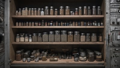 indoors,no humans,bottle,box,scenery,realistic,can,shelf,jar,still life,refrigerator,cup,dark,shop,drawer,counter,cabinet,kettle