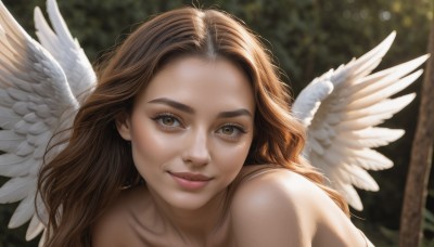 1girl,solo,long hair,looking at viewer,smile,brown hair,bare shoulders,brown eyes,closed mouth,collarbone,nude,outdoors,wings,day,blurry,tree,lips,eyelashes,depth of field,blurry background,wavy hair,portrait,feathered wings,freckles,angel wings,realistic,nose,white wings,angel,close-up