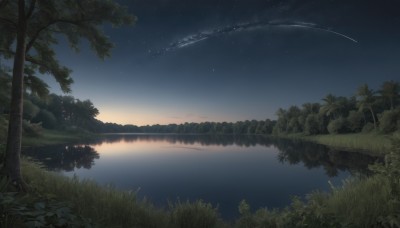 outdoors,sky,cloud,water,tree,no humans,night,grass,plant,star (sky),nature,night sky,scenery,forest,starry sky,reflection,sunset,lake,shooting star,signature,horizon,river,landscape,reflective water