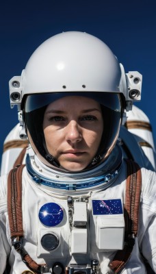 solo,looking at viewer,1boy,closed mouth,upper body,male focus,black eyes,lips,gradient,gradient background,blue background,helmet,star (sky),science fiction,realistic,space,planet,spacesuit,space helmet,astronaut,brown eyes,expressionless,portrait,reflection,serious,earth (planet),american flag