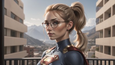 1girl,solo,long hair,breasts,looking at viewer,blue eyes,blonde hair,upper body,ponytail,outdoors,parted lips,sky,glasses,day,cloud,cape,blurry,blue sky,lips,bodysuit,depth of field,blurry background,building,freckles,realistic,nose,hair tie,red cape,superhero,artist name,portrait,genderswap,forehead,genderswap (mtf),backlighting,mountain,round eyewear,emblem,hair pulled back