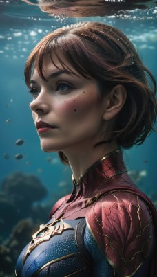 1girl,solo,breasts,short hair,blue eyes,brown hair,medium breasts,upper body,parted lips,teeth,artist name,water,mole,blurry,from side,lips,bodysuit,watermark,looking up,freckles,bubble,underwater,realistic,nose,air bubble,superhero,blue bodysuit,submerged,bangs,eyelashes,makeup,blurry background