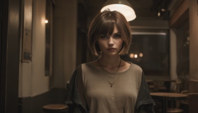 1girl,solo,breasts,looking at viewer,short hair,bangs,brown hair,shirt,hat,brown eyes,jewelry,closed mouth,collarbone,jacket,white shirt,upper body,open clothes,artist name,indoors,necklace,off shoulder,blurry,open jacket,lips,black jacket,depth of field,blurry background,chair,table,grey shirt,realistic,nose,leather,leather jacket,blue eyes,black hair,parted lips,window,halo,light,denim jacket