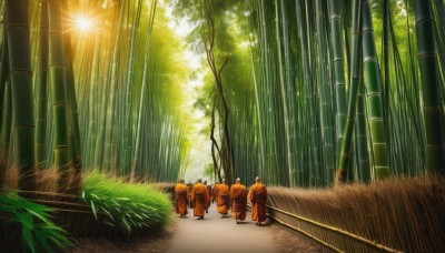 outdoors,japanese clothes,multiple boys,day,kimono,from behind,tree,sunlight,grass,nature,scenery,forest,walking,6+boys,light rays,road,bamboo,bamboo forest,multiple others