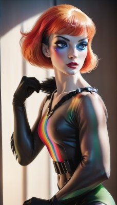 1girl,solo,breasts,short hair,blue eyes,gloves,jewelry,medium breasts,upper body,red hair,multicolored hair,small breasts,parted lips,black gloves,belt,orange hair,covered nipples,lips,eyelashes,bodysuit,makeup,lipstick,skin tight,multicolored clothes,eyeshadow,realistic,nose,eyeliner,mascara,blush,earrings,elbow gloves,looking to the side,red lips,facepaint