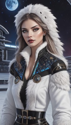 1girl,solo,long hair,breasts,looking at viewer,blue eyes,brown hair,long sleeves,cleavage,jewelry,medium breasts,upper body,earrings,outdoors,sky,belt,hood,lips,coat,grey eyes,fur trim,makeup,night,moon,lipstick,star (sky),night sky,snow,full moon,eyeshadow,hood up,starry sky,realistic,nose,white coat,winter clothes,red lips,stud earrings,space,planet,fur coat,parka,closed mouth,artist name,building,architecture,hooded bodysuit