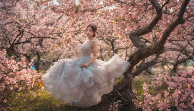 1girl, solo, short hair, brown hair, hair ornament, dress, flower, outdoors, day, hair flower, white dress, tree, cherry blossoms, realistic, skirt hold