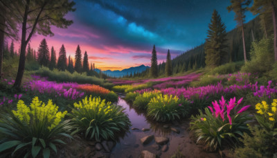 flower, outdoors, sky, cloud, tree, no humans, night, grass, plant, star (sky), nature, night sky, scenery, pink flower, forest, starry sky, sunset, rock, mountain, yellow flower, landscape, path, purple sky