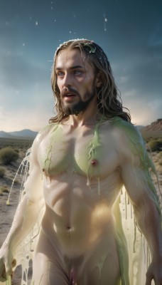 solo,long hair,blue eyes,brown hair,black hair,1boy,navel,nipples,standing,male focus,nude,cowboy shot,outdoors,parted lips,sky,penis,pussy,water,stomach,wet,pubic hair,completely nude,uncensored,muscular,facial hair,abs,testicles,pectorals,muscular male,male pubic hair,bara,beard,mature male,realistic,navel hair,slime (substance),flaccid,blonde hair,thighs,large pectorals,veins,chest hair