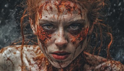 1girl,solo,looking at viewer,short hair,brown hair,brown eyes,closed mouth,parted lips,artist name,lips,blood,floating hair,portrait,close-up,injury,blood on face,realistic,red lips,nude,orange hair,eyelashes,expressionless,wind,messy hair,veins,straight-on,blood splatter