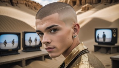 solo,looking at viewer,short hair,shirt,1boy,brown eyes,jewelry,closed mouth,grey hair,male focus,earrings,indoors,blurry,lips,blurry background,facial hair,portrait,beard,freckles,realistic,bald,very short hair,television,monitor,parody,animification