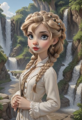 1girl,solo,long hair,breasts,looking at viewer,blue eyes,blonde hair,hair ornament,long sleeves,dress,jewelry,upper body,braid,earrings,small breasts,outdoors,parted lips,sky,day,artist name,cloud,water,necklace,white dress,twin braids,tree,blue sky,lips,grey eyes,eyelashes,makeup,buttons,own hands together,plant,lipstick,brooch,gem,hair over shoulder,freckles,rock,nose,red lips,river,waterfall,blush,bangs,ring