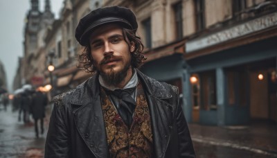 solo,looking at viewer,brown hair,shirt,black hair,1boy,hat,closed mouth,jacket,white shirt,upper body,male focus,outdoors,open clothes,necktie,solo focus,day,collared shirt,blurry,black eyes,vest,coat,black jacket,black headwear,depth of field,blurry background,facial hair,beret,ground vehicle,building,black necktie,motor vehicle,beard,realistic,mustache,car,smile,brown eyes,lips,black coat,city,road,street