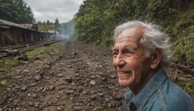 solo,smile,1boy,jacket,upper body,white hair,male focus,outdoors,sky,day,cloud,tree,facial hair,cloudy sky,building,scenery,realistic,house,old,old man,wrinkled skin,looking at viewer,blue eyes,shirt,necktie,teeth,grin,scar,blue jacket,portrait,nature,forest,denim jacket