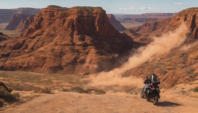 solo,1boy,outdoors,sky,day,cloud,blue sky,ground vehicle,scenery,motor vehicle,science fiction,rock,mountain,sand,road,riding,motorcycle,landscape,desert,dust,1girl,helmet