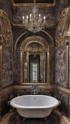 1girl,solo,1boy,dress,standing,indoors,from behind,window,scenery,1other,reflection,robe,stairs,door,candle,wide shot,ambiguous gender,painting (object),ceiling,church,arch,candlestand,chandelier,very wide shot,no humans,table