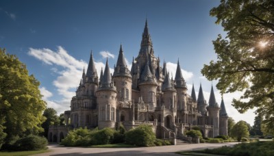 outdoors,sky,day,cloud,tree,blue sky,no humans,sunlight,cloudy sky,grass,building,nature,scenery,road,bush,castle,tower,path,church,arch,fantasy