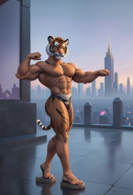 solo,looking at viewer,short hair,1boy,navel,animal ears,underwear,nipples,standing,tail,full body,male focus,thighs,sky,artist name,stomach,window,muscular,facial hair,thick thighs,abs,sandals,underwear only,thick eyebrows,pectorals,muscular male,building,bara,beard,furry,large pectorals,bulge,topless male,paw pose,city,mature male,cityscape,furry male,tiger ears,chinese zodiac,body fur,male underwear,tiger tail,biceps,navel hair,whiskers,2022,year of the tiger,black fur,thick arms,flexing,tiger boy,skyline,black male underwear,orange fur,tiger stripes,jockstrap,closed mouth,yellow eyes,fangs,walking,white fur,skyscraper,tiger,briefs