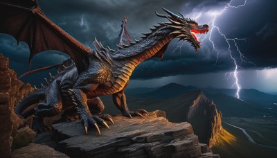 open mouth,red eyes,tail,outdoors,wings,horns,sky,teeth,cloud,no humans,glowing,fangs,cloudy sky,sharp teeth,glowing eyes,claws,spikes,monster,mountain,dragon,electricity,scales,lightning,kaijuu,scenery,rain,rock,cliff,multiple heads