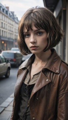 1girl,solo,looking at viewer,short hair,bangs,blue eyes,brown hair,shirt,jacket,upper body,outdoors,parted lips,open clothes,day,mole,blurry,open jacket,lips,grey eyes,depth of field,blurry background,bob cut,denim,ground vehicle,building,motor vehicle,zipper,freckles,brown jacket,city,realistic,nose,car,road,leather,street,leather jacket,black hair,dress,jewelry,collarbone,necklace,eyelashes,messy hair