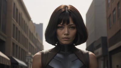 1girl,solo,looking at viewer,short hair,bangs,brown hair,black hair,bare shoulders,brown eyes,closed mouth,upper body,outdoors,sleeveless,day,blurry,lips,depth of field,blurry background,bob cut,building,city,realistic,nose,bodysuit,portrait,close-up,backlighting