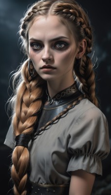 1girl,solo,long hair,breasts,looking at viewer,blue eyes,blonde hair,brown hair,dress,jewelry,closed mouth,upper body,braid,short sleeves,earrings,puffy sleeves,necklace,blurry,puffy short sleeves,lips,single braid,makeup,blurry background,hair over shoulder,freckles,realistic,nose,shirt,belt,artist name,white dress,twin braids,forehead,dark background,gold,mascara,multiple braids