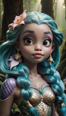 1girl,solo,long hair,breasts,looking at viewer,blush,hair ornament,cleavage,brown eyes,jewelry,closed mouth,blue hair,collarbone,upper body,braid,flower,earrings,small breasts,outdoors,green hair,artist name,signature,hair flower,armor,blurry,twin braids,tree,lips,eyelashes,aqua hair,makeup,blurry background,sunlight,thick eyebrows,feathers,nature,hair over shoulder,web address,pink flower,forest,freckles,realistic,nose,mascara,leaf