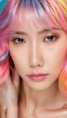 1girl,solo,looking at viewer,bangs,blonde hair,brown eyes,closed mouth,collarbone,pink hair,multicolored hair,blurry,black eyes,two-tone hair,lips,eyelashes,gradient hair,makeup,portrait,close-up,realistic,nose,mascara,rainbow hair,long hair,blue hair,orange hair,depth of field