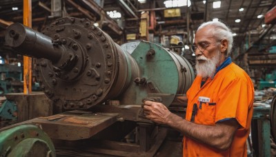 solo,shirt,1boy,holding,upper body,weapon,white hair,short sleeves,male focus,indoors,blurry,uniform,from side,military,facial hair,beard,realistic,mustache,name tag,military vehicle,manly,old,orange shirt,old man,gatling gun,wrinkled skin,closed mouth,grey hair,glasses,collared shirt,profile,sunglasses,ground vehicle,motor vehicle,science fiction,pocket,nose,cannon,breast pocket,bald,arm hair