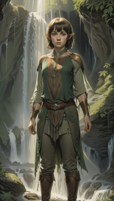 1girl,solo,breasts,looking at viewer,short hair,bangs,blue eyes,brown hair,shirt,black hair,jewelry,closed mouth,green eyes,standing,braid,small breasts,boots,outdoors,day,pointy ears,belt,pants,artist name,signature,medium hair,water,armor,lips,watermark,brown footwear,sunlight,knee boots,elf,shoulder armor,nature,forest,pauldrons,rock,realistic,nose,fantasy,arms at sides,vambraces,bracer,waterfall,leather boots,hair ornament,brown eyes,nail polish,backlighting,green dress,tunic