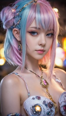 1girl,solo,breasts,looking at viewer,short hair,bangs,blue eyes,hair ornament,cleavage,bare shoulders,jewelry,medium breasts,closed mouth,underwear,blue hair,collarbone,upper body,pink hair,multicolored hair,earrings,shiny,artist name,signature,necklace,hair bun,bra,blurry,two-tone hair,lips,eyelashes,double bun,gradient hair,makeup,depth of field,blurry background,gem,armlet,eyeshadow,white bra,realistic,nose,mascara,sidelocks,streaked hair,chain,pink lips,eyeliner,bokeh