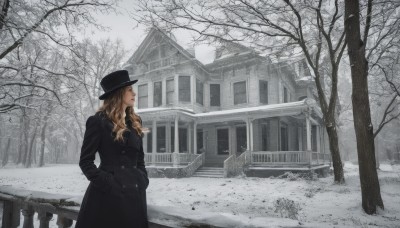 1girl,solo,long hair,blonde hair,brown hair,hat,outdoors,day,tree,lips,coat,black headwear,buttons,looking away,building,scenery,snow,black coat,snowing,hands in pockets,house,winter,bare tree,long sleeves,closed mouth,standing,profile,makeup,wavy hair,lipstick,looking afar,bridge