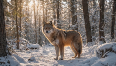 outdoors, day, tree, no humans, animal, nature, scenery, snow, forest, dog, realistic, animal focus, winter, bare tree