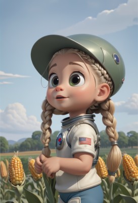 1girl,solo,long hair,smile,open mouth,brown hair,shirt,hat,holding,twintails,brown eyes,green eyes,white shirt,braid,flower,short sleeves,cowboy shot,outdoors,parted lips,sky,shorts,teeth,day,cloud,blurry,twin braids,blue sky,blurry background,helmet,child,freckles,blue shorts,yellow flower,female child,field,blonde hair,thick eyebrows,corn