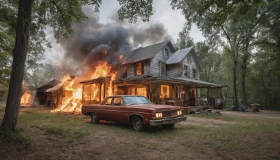 outdoors,sky,day,cloud,tree,no humans,window,grass,fire,ground vehicle,building,nature,scenery,motor vehicle,forest,smoke,car,road,house,vehicle focus,burning,truck,tire