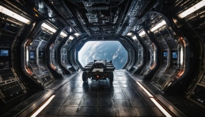 indoors,no humans,window,robot,scenery,science fiction,realistic,space,planet,spacecraft,cockpit,sunlight,mecha,machinery,light rays,light,earth (planet),spacesuit