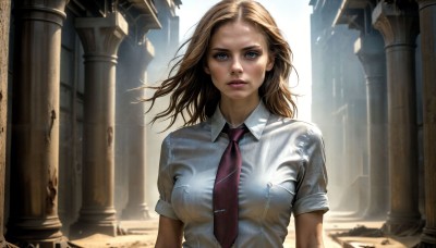 HQ,1girl,solo,long hair,breasts,looking at viewer,blue eyes,blonde hair,brown hair,shirt,medium breasts,school uniform,white shirt,upper body,short sleeves,outdoors,parted lips,necktie,day,collared shirt,lips,wet,wind,realistic,nose,ruins,dirty,pillar,column,signature,sunlight,red necktie