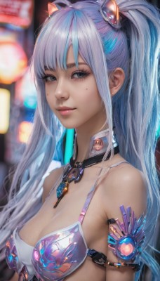 1girl,solo,long hair,breasts,looking at viewer,smile,bangs,hair ornament,cleavage,bare shoulders,twintails,jewelry,medium breasts,closed mouth,blue hair,swimsuit,upper body,grey hair,bikini,multicolored hair,necklace,mole,blurry,lips,grey eyes,eyelashes,mole under eye,blurry background,armlet,realistic,nose,sidelocks,earrings,outdoors,choker,artist name,armor,from side,streaked hair,detached collar,depth of field,gem,science fiction,pink lips,bikini armor,cyberpunk