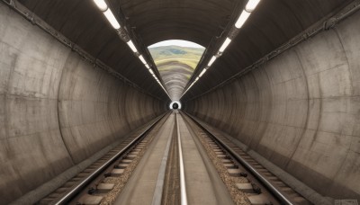 artist name,indoors,signature,no humans,sunlight,scenery,reflection,science fiction,planet,pillar,fisheye,spacecraft,sky,day,light,railroad tracks