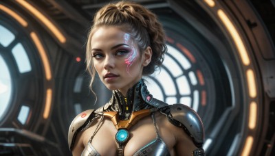 HQ,1girl,solo,breasts,looking at viewer,short hair,blue eyes,blonde hair,brown hair,cleavage,medium breasts,upper body,parted lips,armor,lips,makeup,facial mark,science fiction,realistic,nose,cyborg,hair pulled back,indoors,glowing,portrait,eyeshadow,curly hair,eyeliner,cable,facepaint,cyberpunk