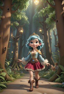 1girl,solo,breasts,looking at viewer,smile,short hair,open mouth,bangs,blue eyes,skirt,long sleeves,jewelry,blue hair,standing,full body,pleated skirt,boots,outdoors,alternate costume,day,belt,necklace,armor,tree,lips,fur trim,aqua hair,swept bangs,red skirt,bird,animal,brown footwear,sunlight,knee boots,grass,tiara,crown,plant,shoulder armor,nature,pendant,forest,pink skirt,walking,pauldrons,light rays,lantern,road,alternate hair color,mushroom,shoulder pads,path,squirrel,leaf,child,sparrow