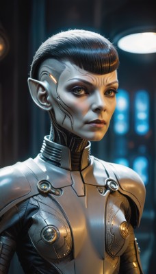 1girl,solo,breasts,looking at viewer,short hair,black hair,brown eyes,medium breasts,upper body,small breasts,pointy ears,blurry,lips,bodysuit,makeup,colored skin,facial mark,genderswap,genderswap (mtf),science fiction,realistic,nose,center opening,cyborg,alien,cyberpunk,armor,very short hair