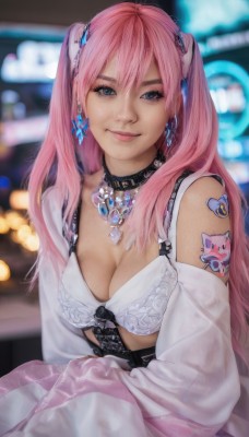 1girl,solo,long hair,breasts,looking at viewer,smile,bangs,blue eyes,hair ornament,cleavage,twintails,jewelry,medium breasts,sitting,underwear,upper body,pink hair,heart,earrings,detached sleeves,choker,necklace,bra,blurry,two side up,lips,tattoo,makeup,blurry background,realistic,nose,neck tattoo,long sleeves,hair between eyes,closed mouth,sleeves past wrists,eyelashes,gem,white bra,shoulder tattoo