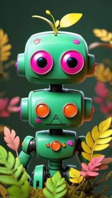 solo,looking at viewer,standing,flower,blurry,orange eyes,pokemon (creature),no humans,leaf,plant,robot,mecha,:<,pink flower,green background,straight-on,humanoid robot,non-humanoid robot,upper body