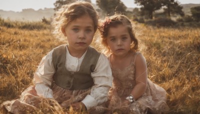 1girl,looking at viewer,short hair,blue eyes,multiple girls,brown hair,shirt,hair ornament,long sleeves,1boy,dress,2girls,brown eyes,jewelry,sitting,closed mouth,white shirt,flower,outdoors,sleeveless,day,collared shirt,hair flower,dark skin,blurry,vest,bracelet,dark-skinned female,tree,lips,sleeveless dress,depth of field,blurry background,siblings,grass,child,nature,freckles,curly hair,twins,realistic,basket,female child,field,brown vest,blonde hair,parted lips,white dress,sunlight,head wreath