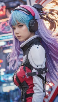 1girl,solo,long hair,breasts,looking at viewer,bangs,long sleeves,medium breasts,blue hair,upper body,purple hair,multicolored hair,parted lips,blurry,black eyes,from side,two-tone hair,lips,grey eyes,depth of field,blurry background,headgear,headphones,zipper,headset,realistic,nose,hair ornament,closed mouth,science fiction