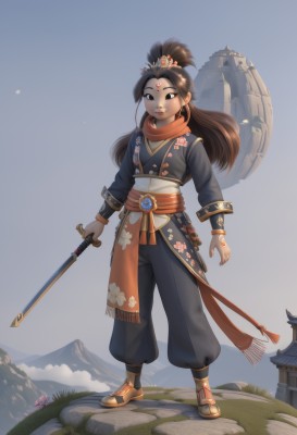 1girl,solo,long hair,looking at viewer,smile,brown hair,black hair,hair ornament,long sleeves,holding,brown eyes,jewelry,closed mouth,standing,full body,weapon,flower,earrings,outdoors,sky,pants,sword,scarf,holding weapon,black eyes,lips,sash,makeup,facial mark,holding sword,black pants,floral print,katana,sheath,red scarf,mountain,forehead mark,architecture,forehead jewel,east asian architecture,topknot,mountainous horizon,orange scarf,grass,scenery