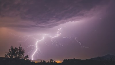 outdoors,sky,cloud,tree,no humans,cloudy sky,grass,fire,nature,scenery,forest,sunset,mountain,electricity,lightning,landscape,monochrome,night